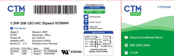 UL Direct Drive HVAC Blower Motor 208~230VAC 1/2HP 1075/3RPM Air Handler Motor